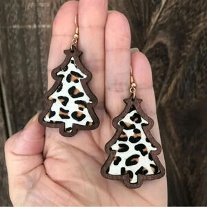 Leopard Spot White Christmas Tree Animal Print Wooden Drop Earrings NWT